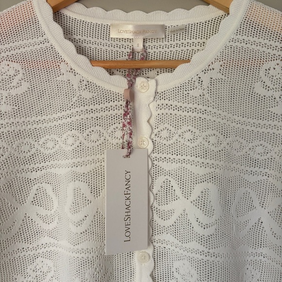 NWT Loveshackfancy Gretta Pointelle Knit Bow Cardigan Ivory White | S - Picture 8 of 13